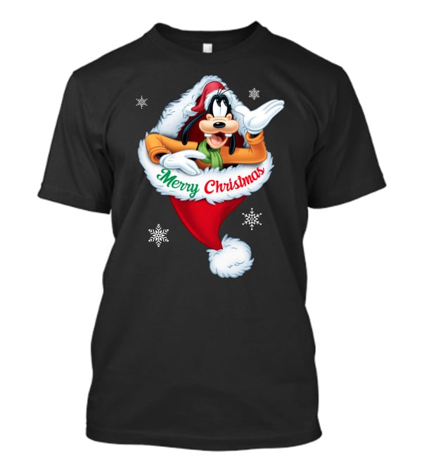 Merry Christmas Goofy In Santa Hat With Snowflakes T-Shirt