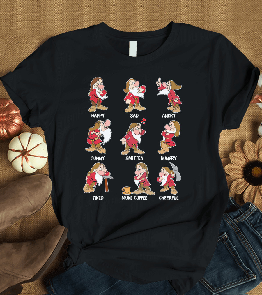 Happy Sad Angry Funny Smitten Hungry Tired More Coffee Cheerful Moods T-Shirt