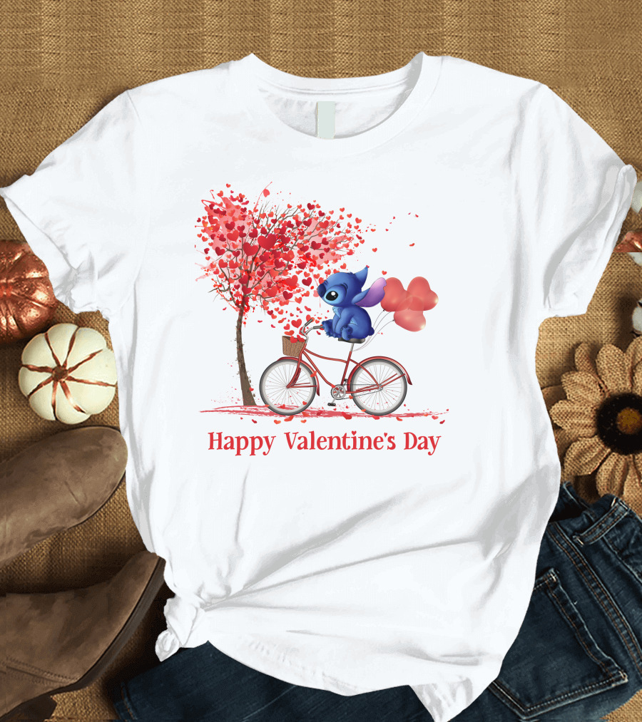 Happy Valentine's Day Stitch Bicycle Heart Balloons T-Shirt