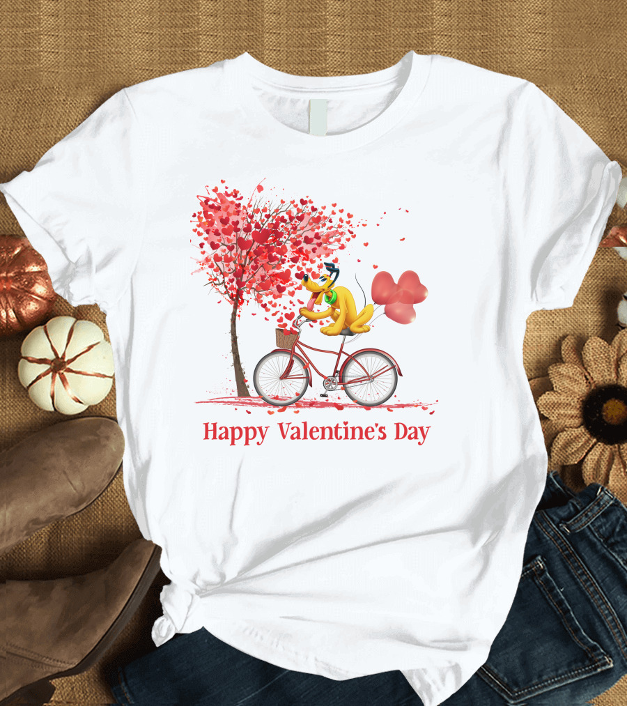 Disney Pluto Happy Valentine's Day Bicycle and Heart Tree T-Shirt