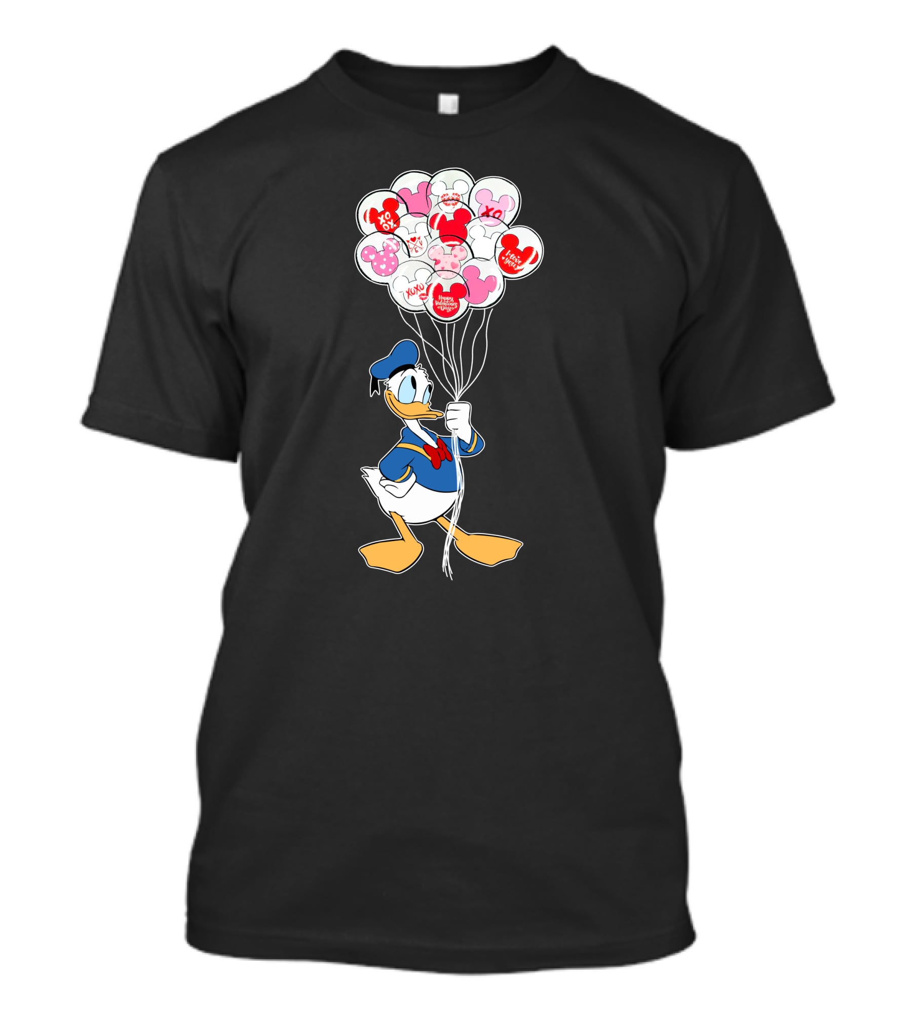 Donald Duck Holding Heart Balloons With Mickey Mouse And Minnie Icons T-Shirt