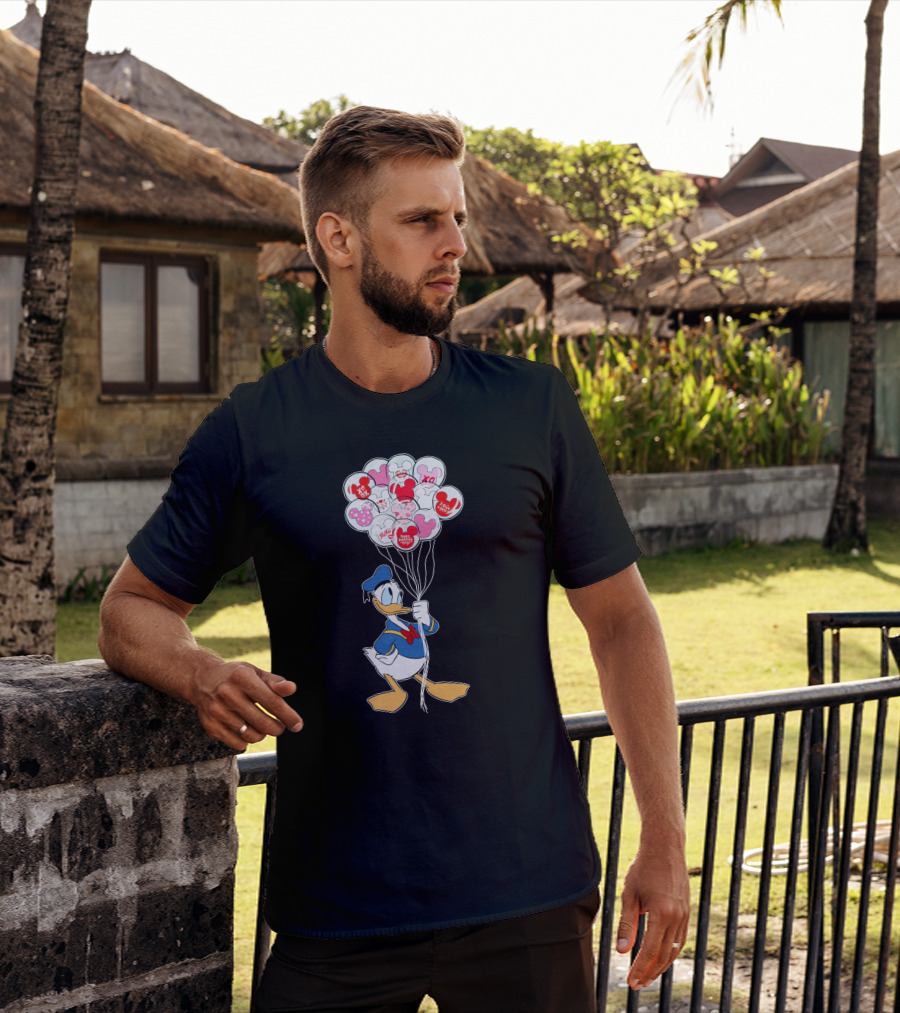 Donald Duck Holding Heart Balloons With Mickey Mouse And Minnie Icons T-Shirt