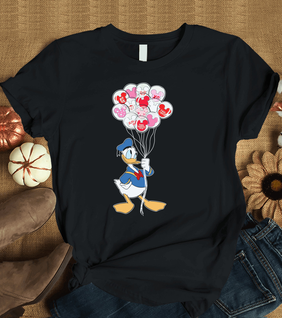 Donald Duck Holding Heart Balloons With Mickey Mouse And Minnie Icons T-Shirt