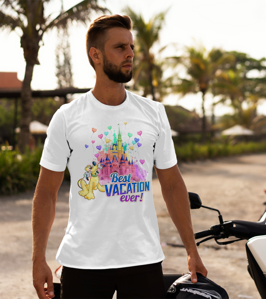 Best Vacation Ever Pluto With Colorful Castle And Heart Balloons T-Shirt