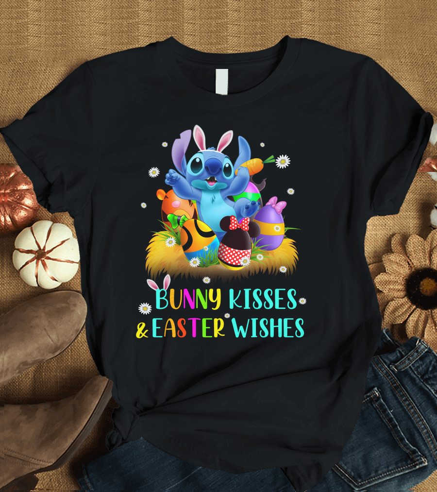 Bunny Kisses & Easter Wishes Stitch With Colorful Eggs And Spring Flowers T-Shirt