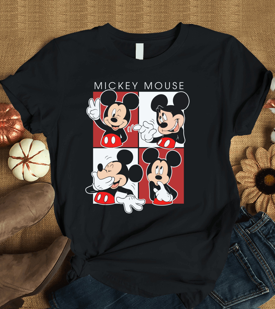Mickey Mouse Expressive Poses Red And White Comic Panel T-Shirt