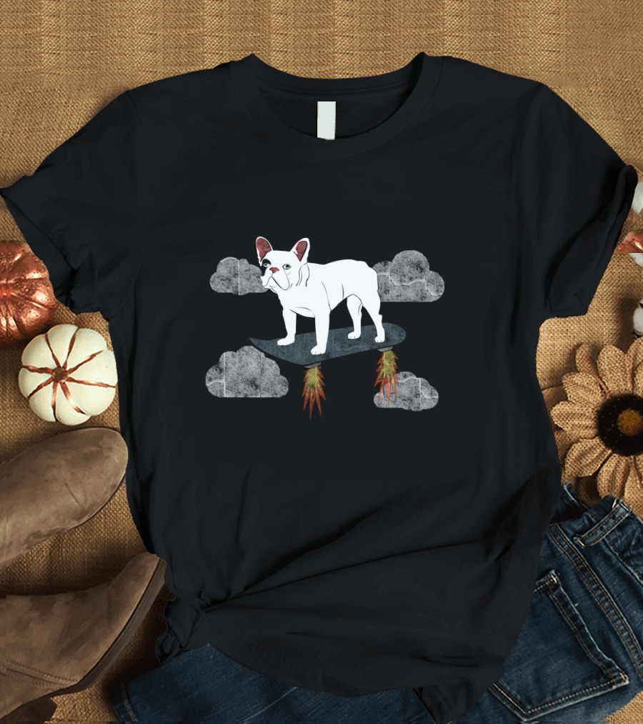 Superhero French Bulldog on Rocket Skateboard Above Clouds T-Shirt