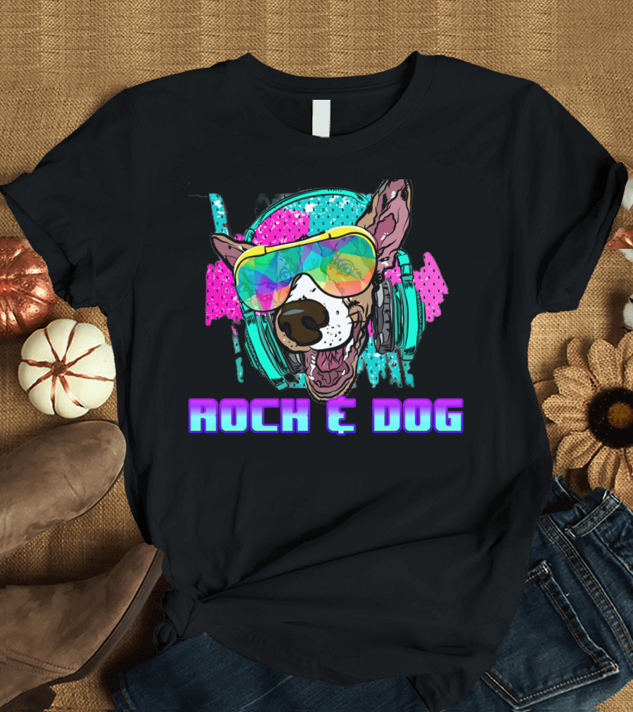 Rock and Dog Neon Headphone Party Dog with Shades T-Shirt