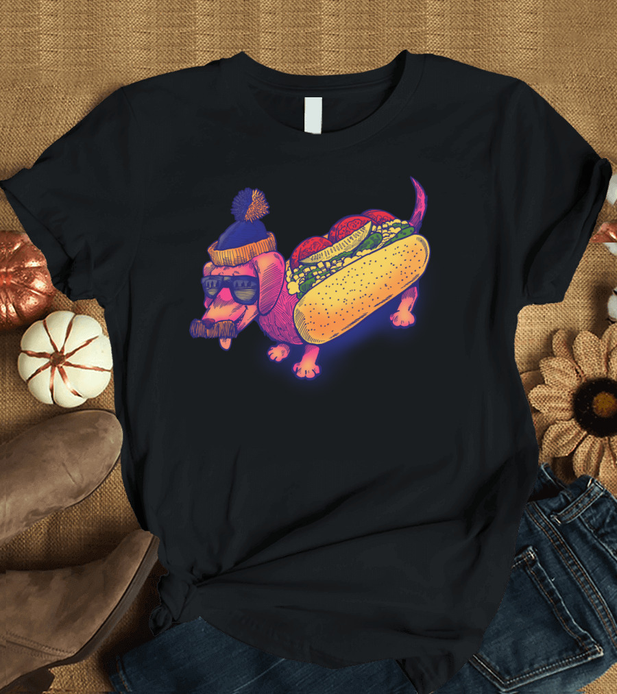 Chicago Style Hot Dog Dachshund with Sunglasses and Beanie T-Shirt