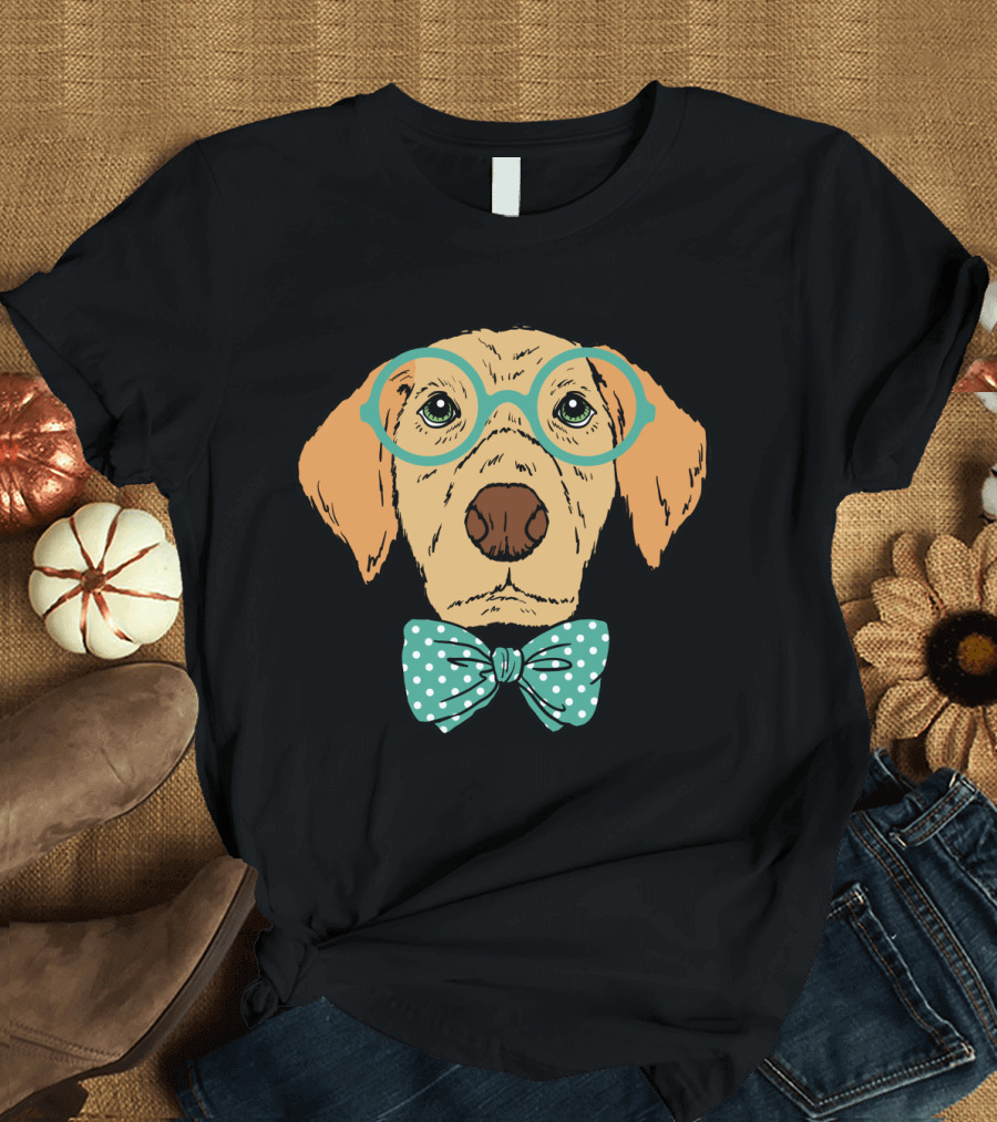 Cool Hipster Nerd Dog with Glasses and Bowtie in T-Shirt