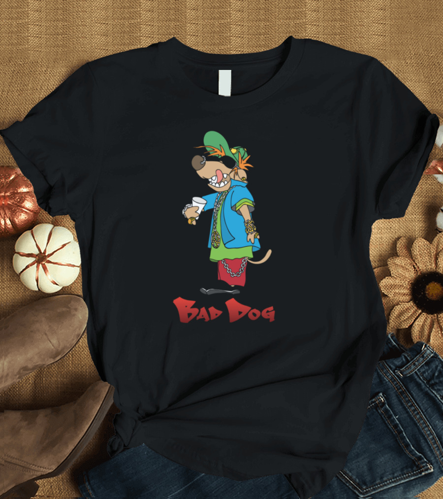 Bad Dog Cartoon Character with Hip-Hop Style and Large Buttons T-Shirt