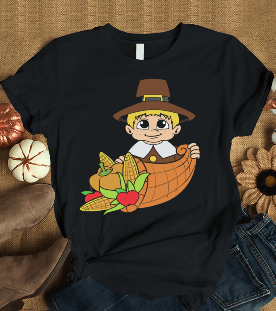 Thanksgiving Pilgrim with Cornucopia Pumpkins and Harvest T-Shirt