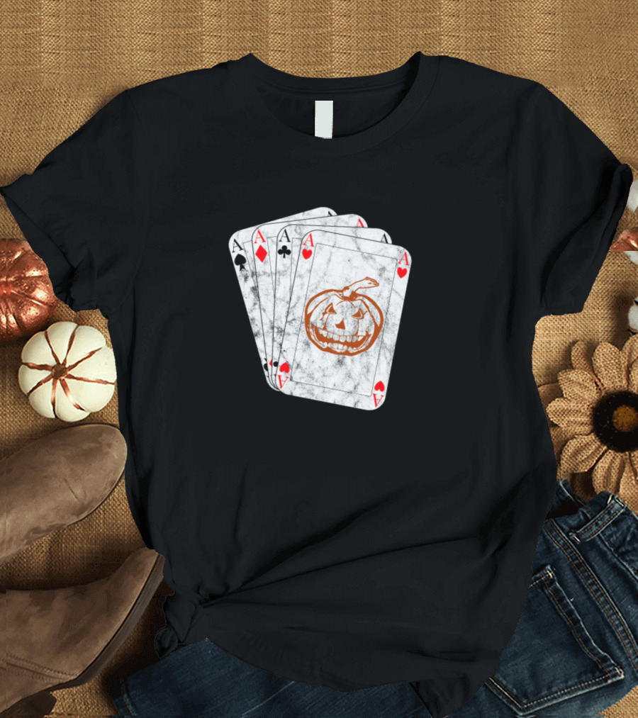 Halloween Pumpkin on Distressed Ace Cards Poker T-Shirt