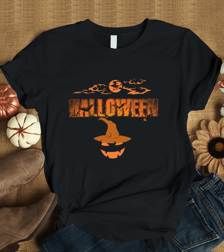 Halloween Pumpkin Face Witch Hat Moon and Clouds T-Shirt