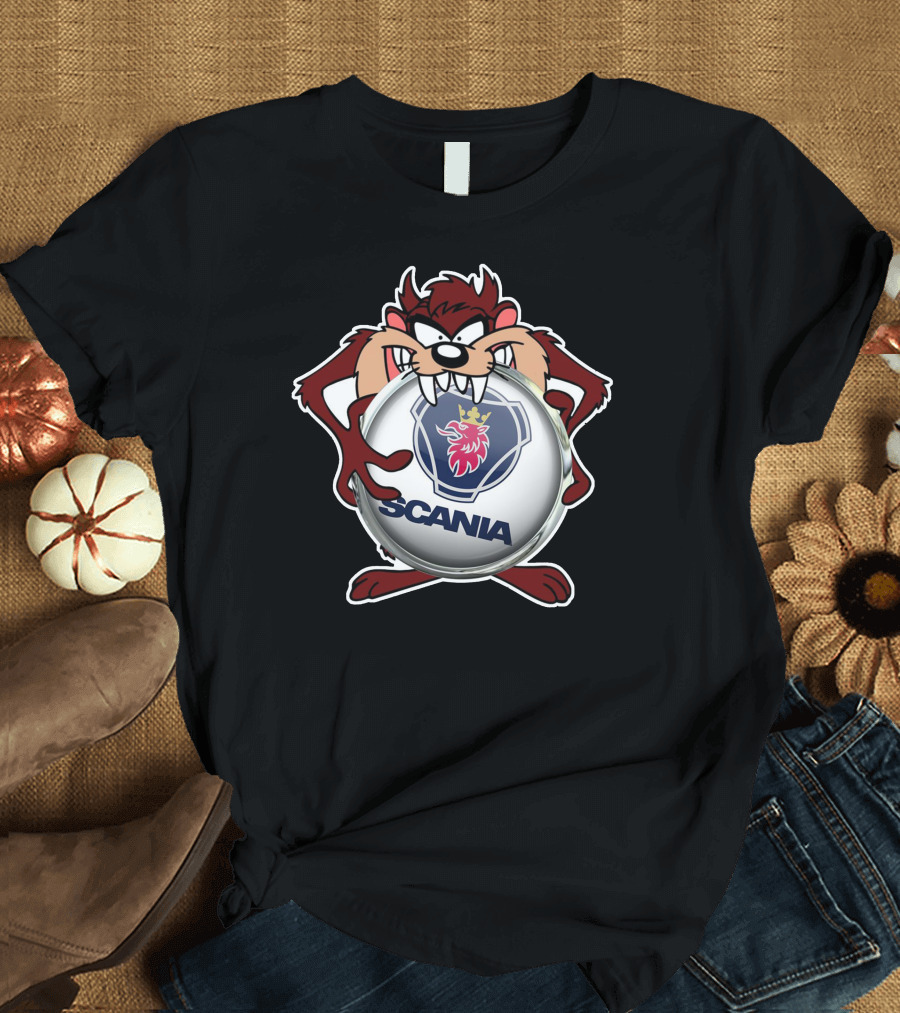 TAZ SCANIA Logo with Cartoon Character Holding Emblem T-Shirt