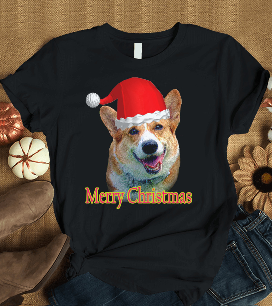 Merry Christmas Santa Claus Dog with Red Hat T-Shirt