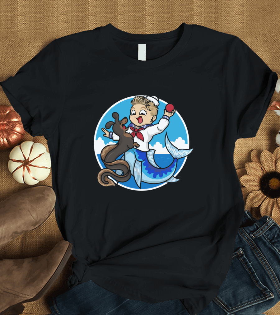 A Merboy and His Sailor Outfit Playing Fetch with Sea Dog T-Shirt