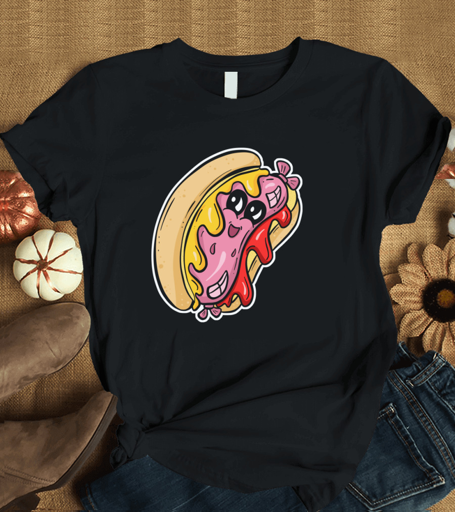 Wiener Smiling Hot Dog with Melted Cheese and Ketchup Cartoon Character T-Shirt