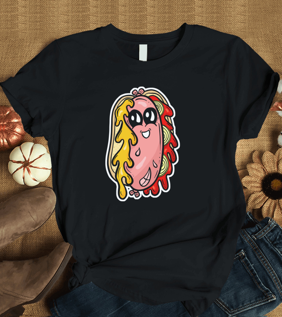 Kawaii Weenie Roast Hot Dog Drenched in Mustard and Ketchup Cartoon Character T-Shirt
