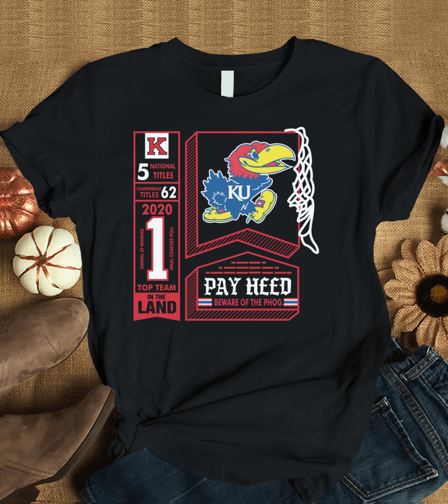 5 National Titles KU Jayhawks 62 Conference Titles Top Team in the Land Pay Heed Beware of the Phog T-Shirt