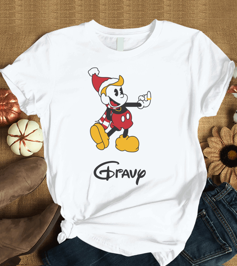 Gravy Christmas Cartoon Character with Santa Hat and Scarf T-Shirt
