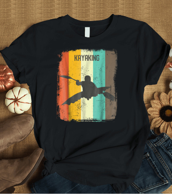T-Shirt: Kayaking Retro 70s Vintage River Kayak Silhouette Adventure Stripes T-Shirt Kayaking Retro 70s Vintage River Kayak Silhouette Adventure Stripes T-Shirt