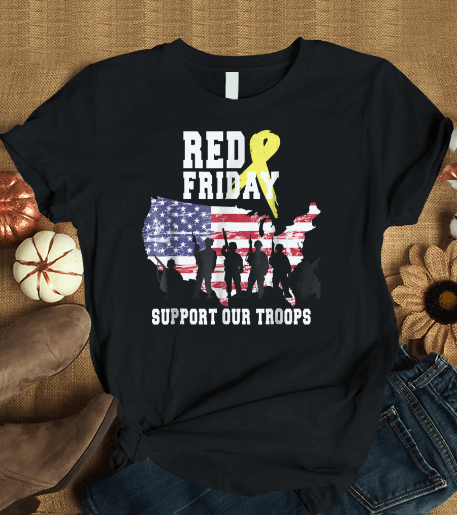 RED Friday Support Our Troops Remember Everyone Deployed Yellow Ribbon USA Flag T-Shirt