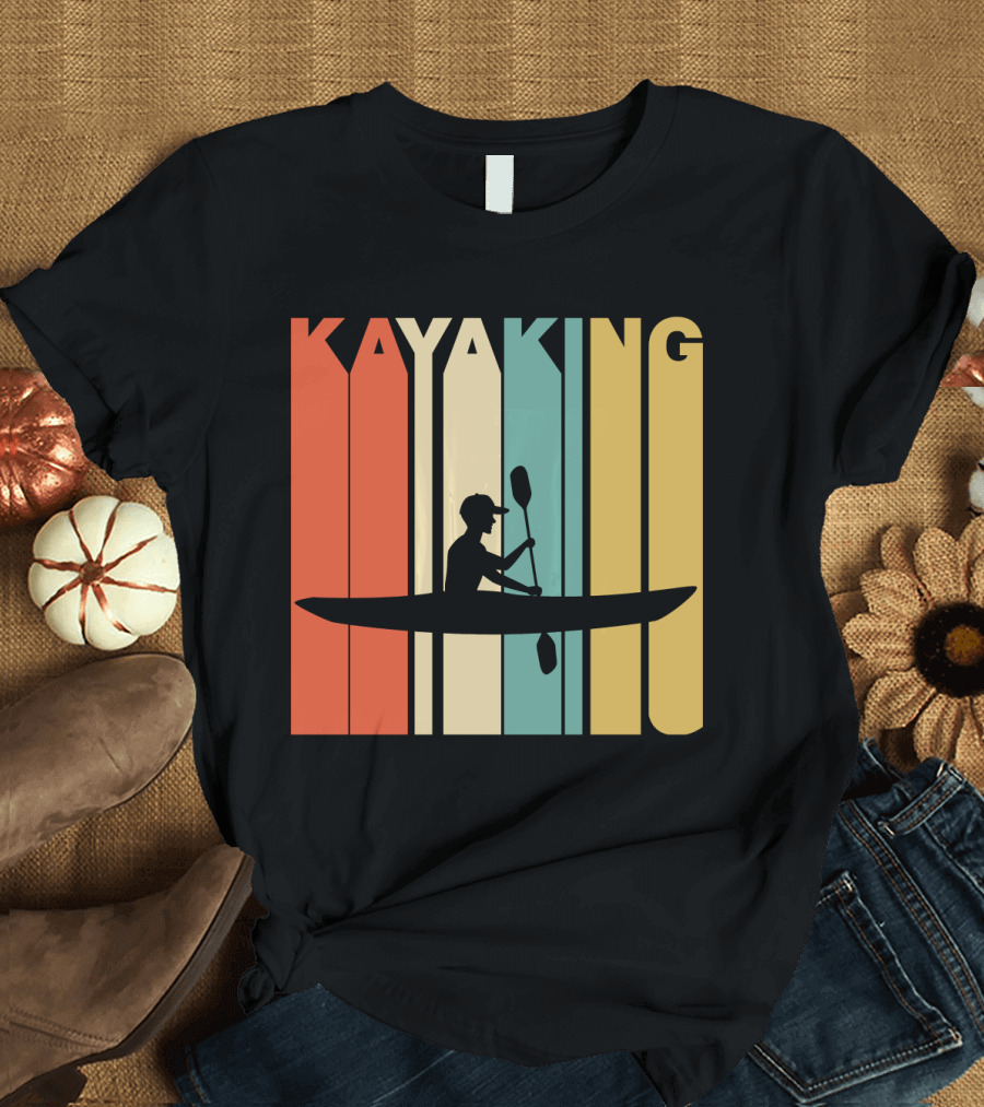 Kayaking Retro 1970's Style Silhouette Vintage Stripes T-Shirt