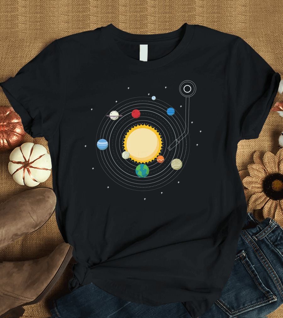 Retro Vinyl Record Solar System Planets Orbiting Sun T-Shirt