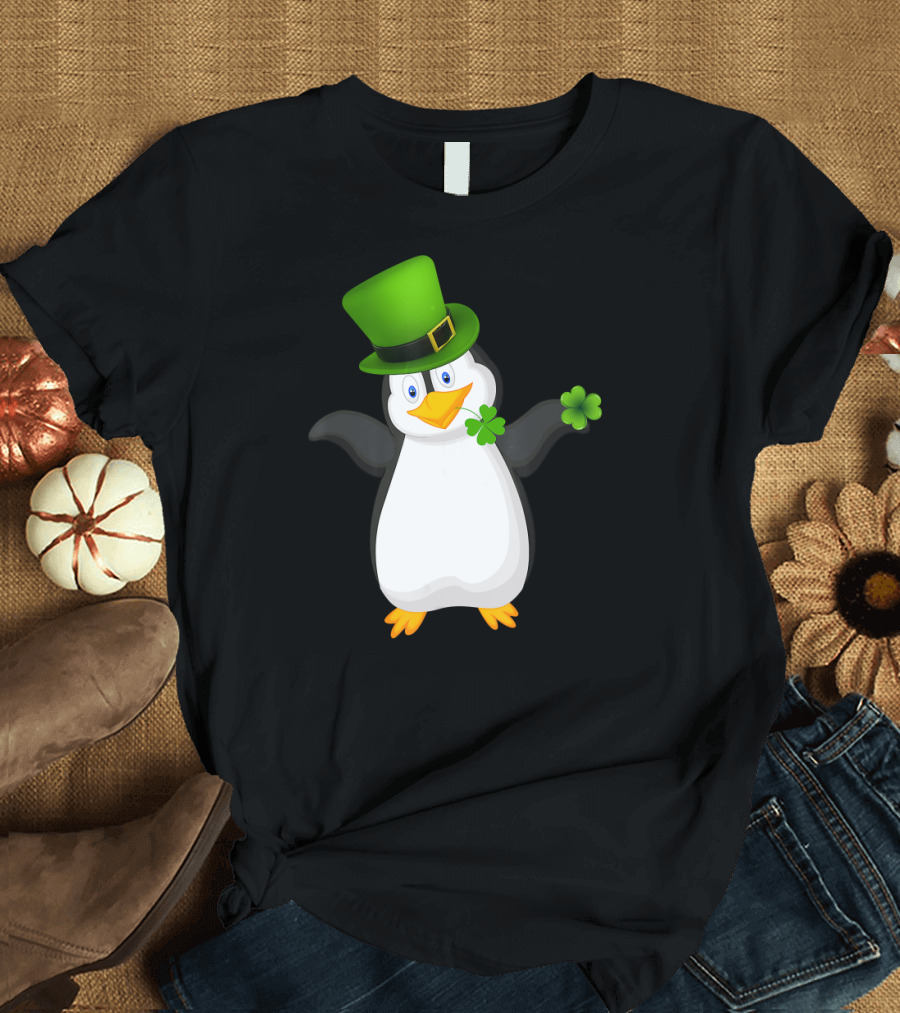 St Patrick's Day Penguin with Green Hat and Shamrocks T-Shirt