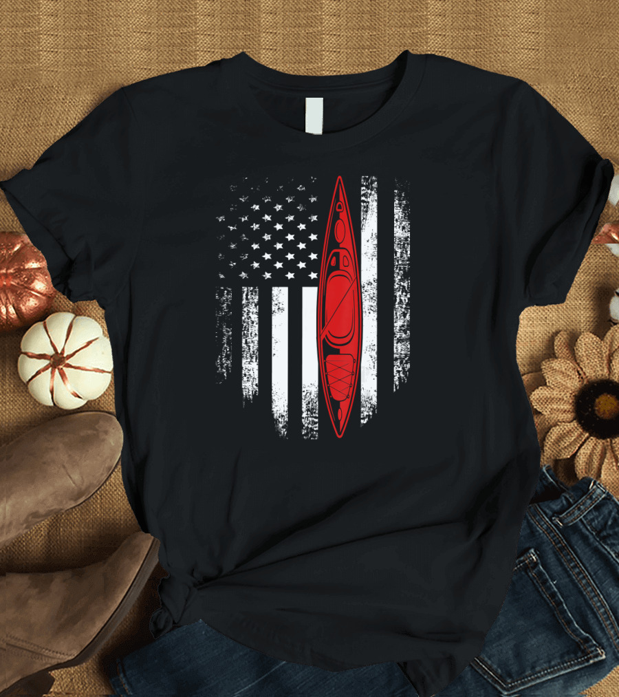Vintage American USA Flag Kayak Kaya Red Paddle Stars Stripes T-Shirt