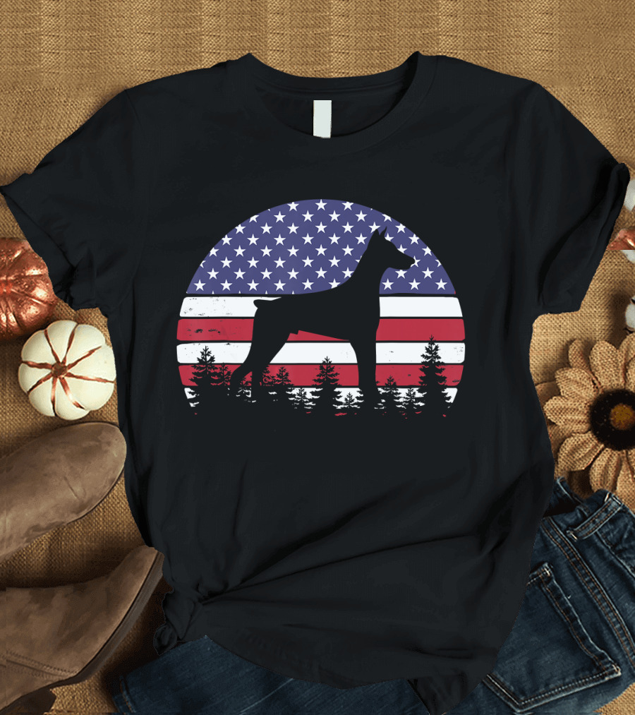 Doberman Silhouette with American Flag in T-Shirt