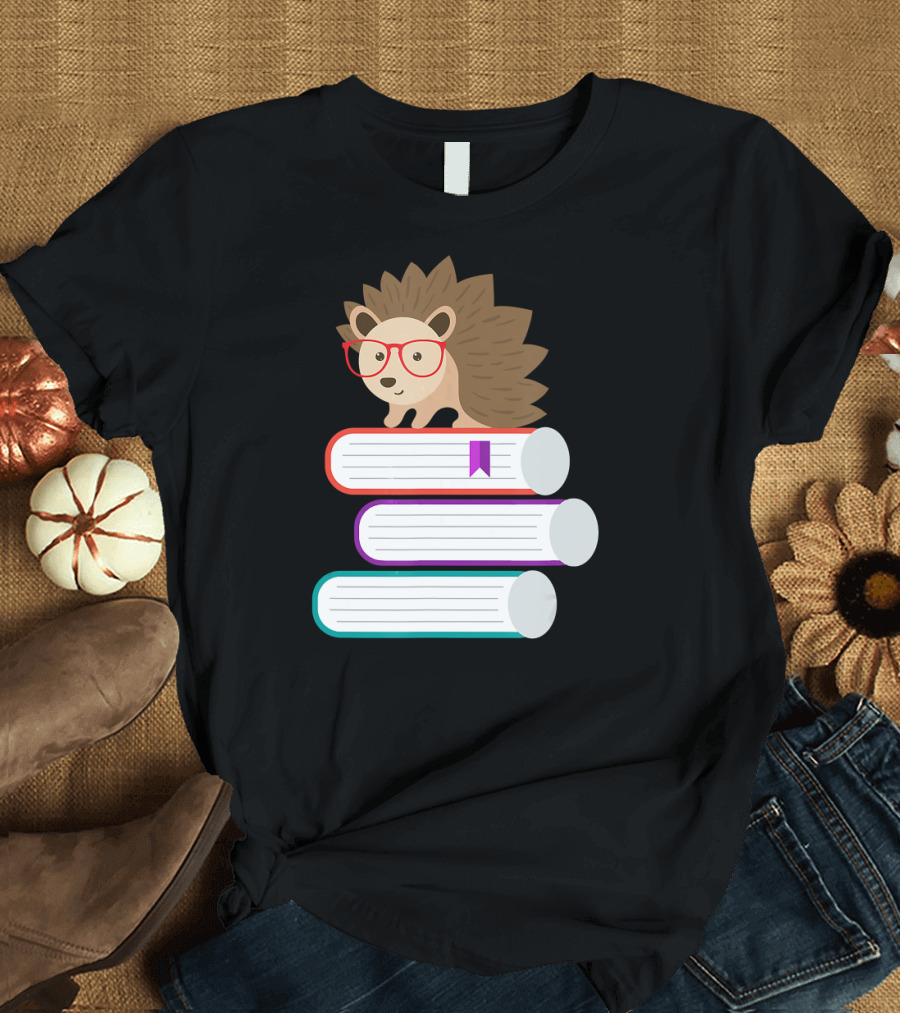 Adorable Funny Hedgehog with Glasses on Stack of Books for Book Nerds T-Shirt