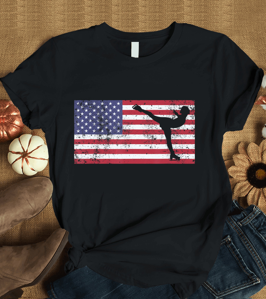 American Flag Figure Skater Silhouette Ice Skating T-Shirt
