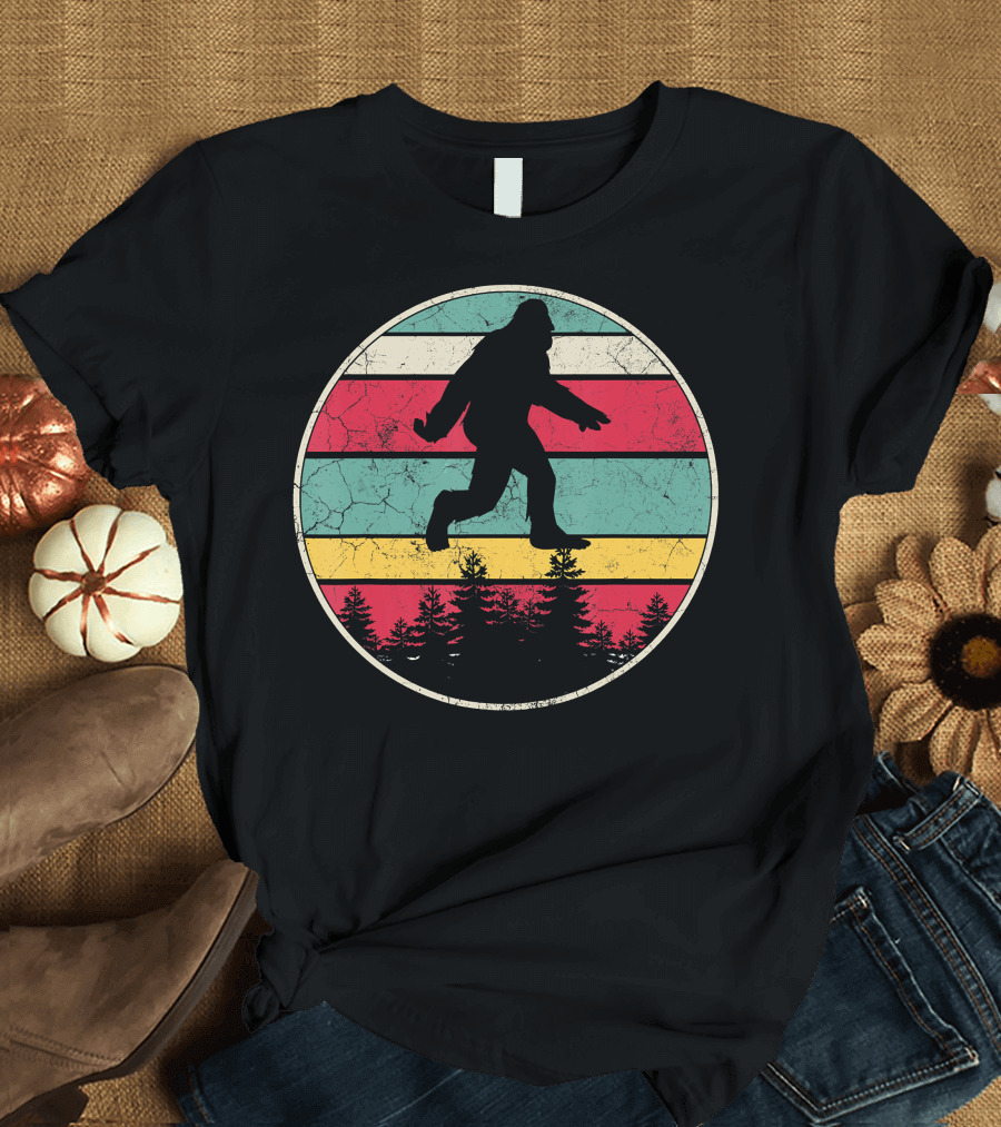 Bigfoot Sasquatch Retro Vintage 70's 80's Silhouette Forest Stripes T-Shirt