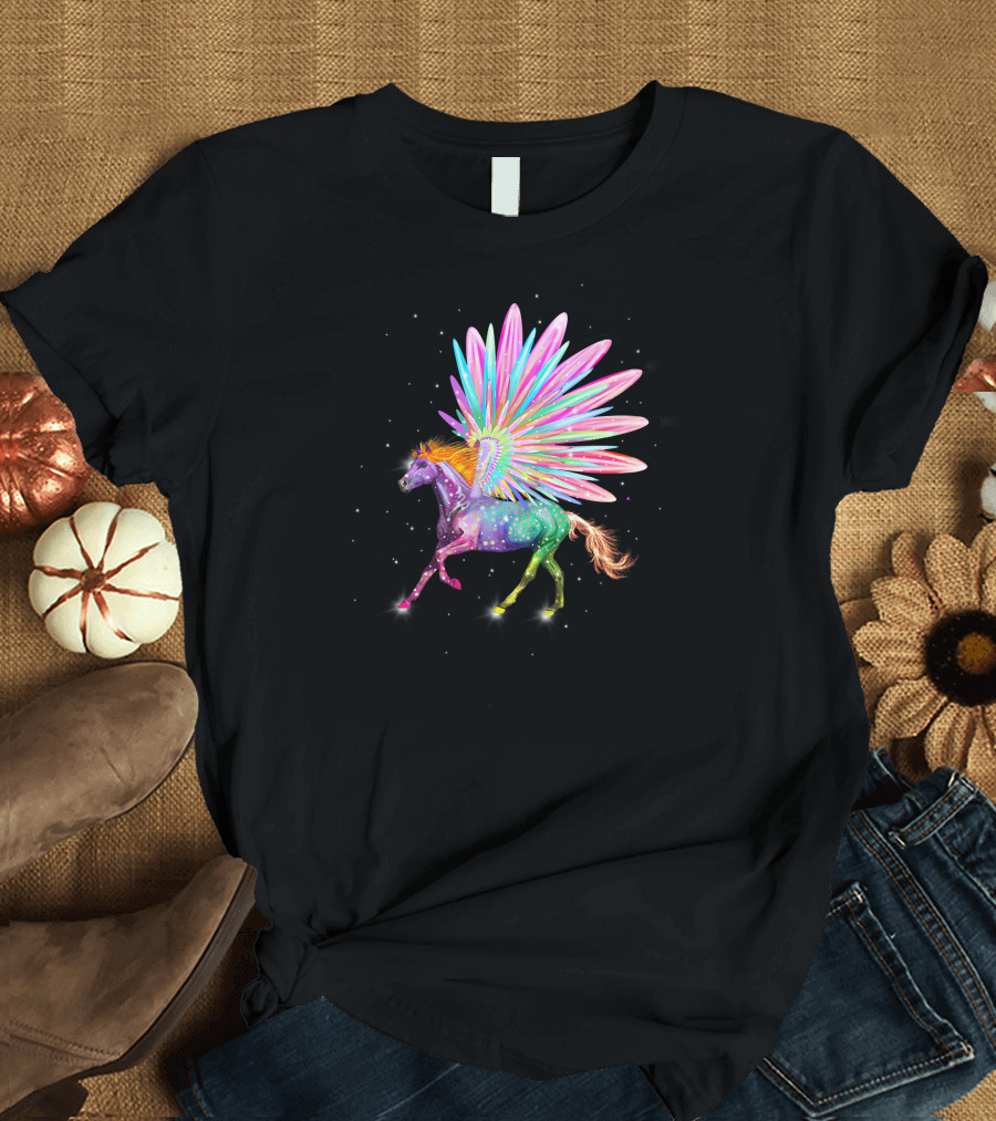 Vibrant Sparkling Rainbow Pegasus Horse with Multicolored Wings T-Shirt