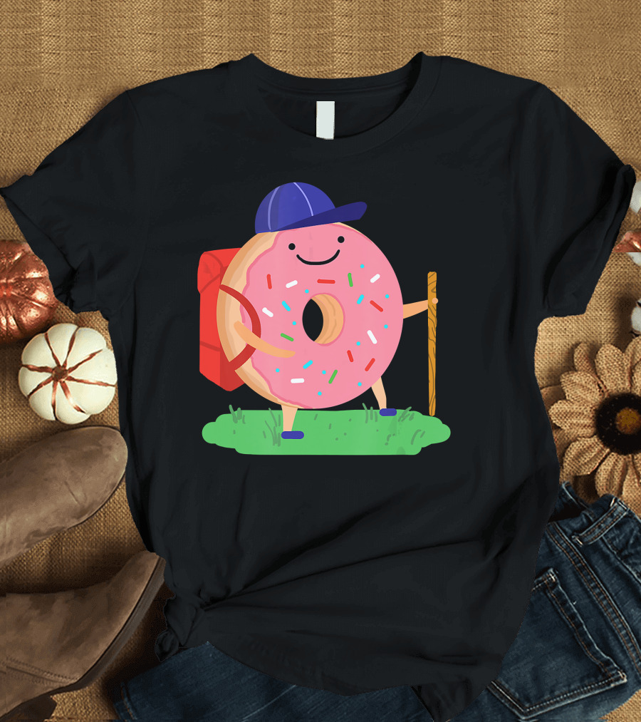 Donut Hiker with Backpack and Walking Stick for National Donut Day T-Shirt
