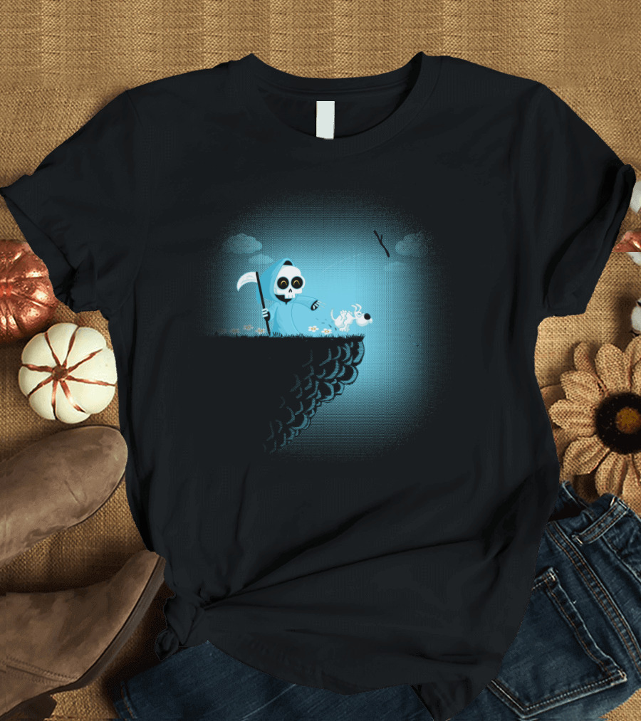 Nice Dog Fetching Stick with Grim Reaper on Cliff Edge T-Shirt