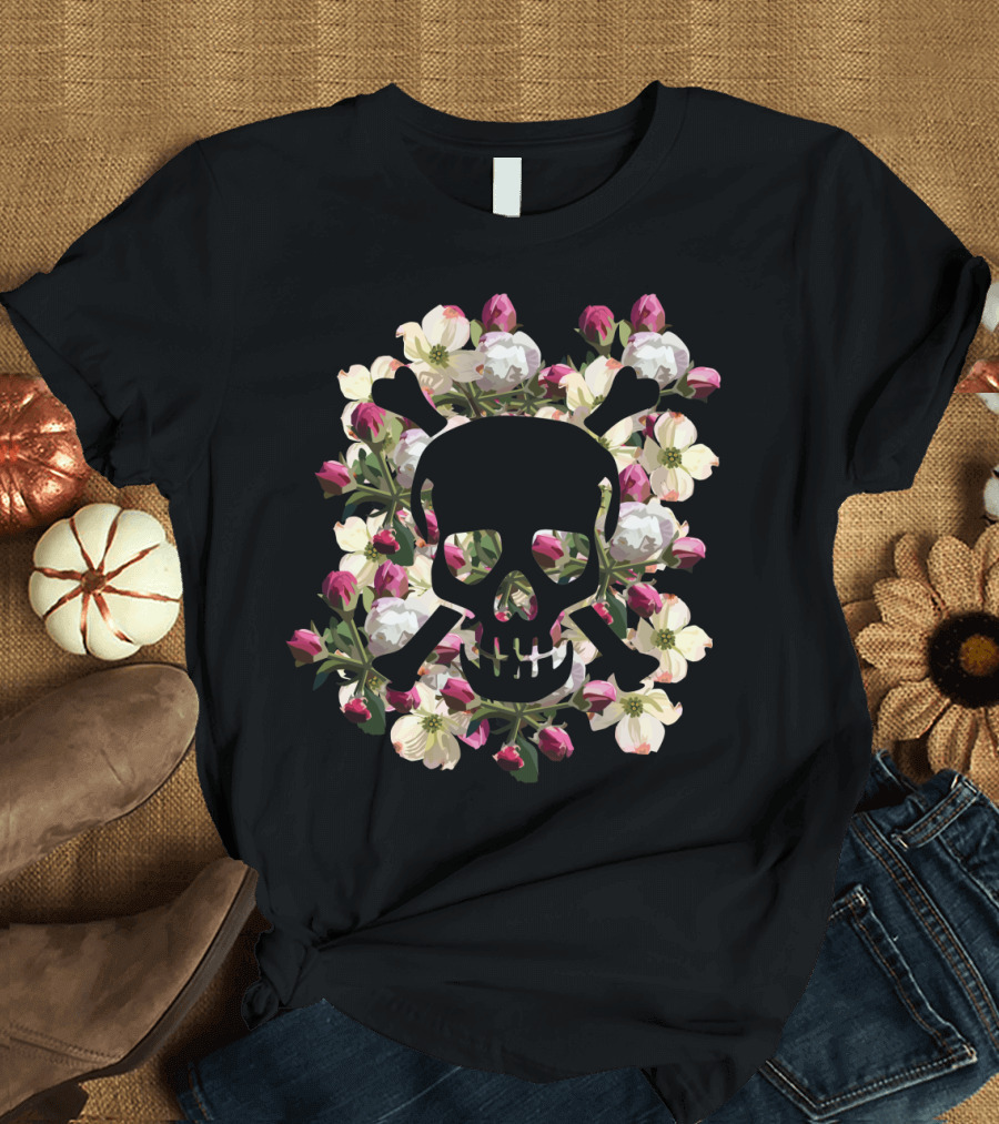 Skull and Crossbones Floral Dogwood Blossom T-Shirt