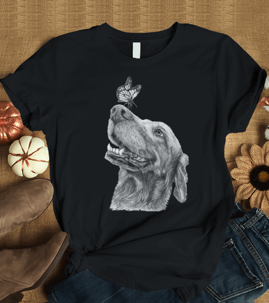 Dog and Butterfly Nose Delight Black and White Sketch T-Shirt