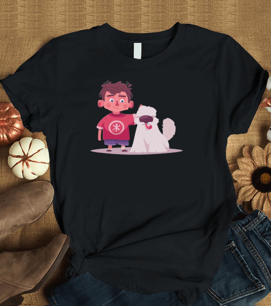 Boy And Dog Cartoon Graphic with Red Shirt and Fluffy White Dog T-Shirt