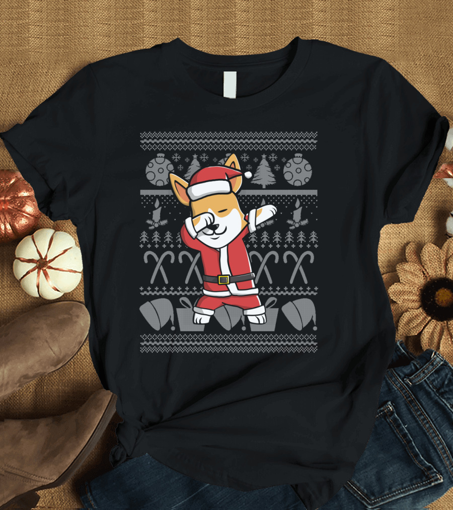 Corgi Dabbing Santa Christmas Ugly Sweater Dance Holiday T-Shirt