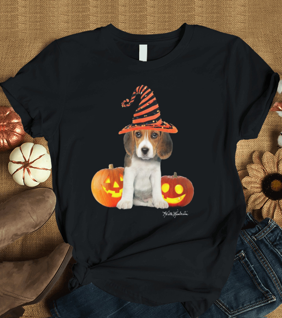 Keith Kimberlin Halloween Beagle Puppy in Witch Hat with Pumpkins T-Shirt