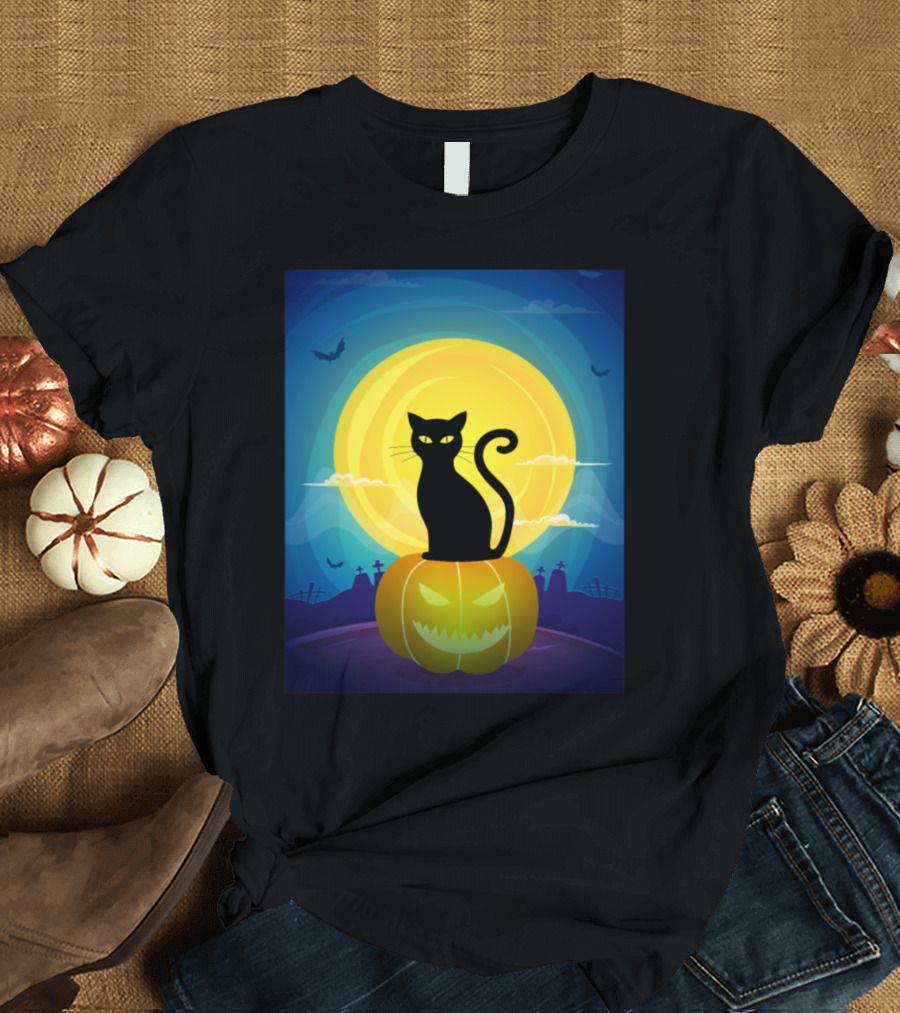 Black Cat Silhouette on Jack-O'-Lantern with Full Moon and Spooky Halloween Scene T-Shirt