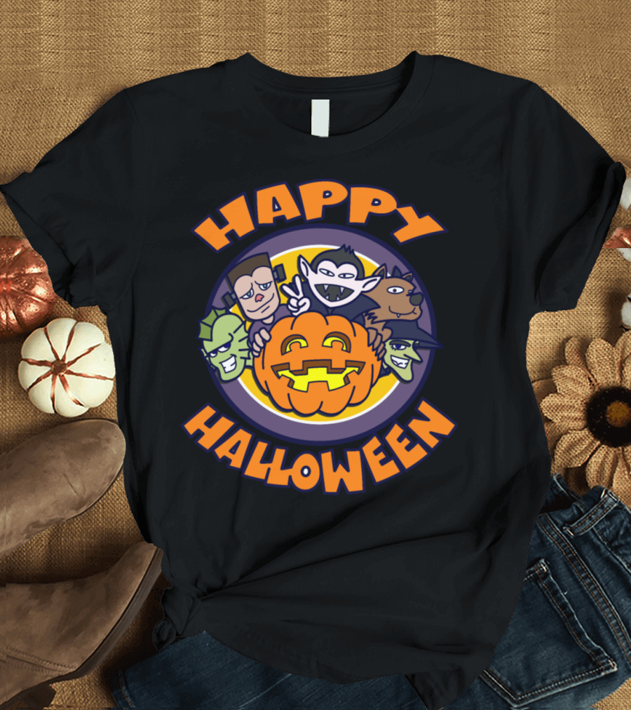 HAPPY HALLOWEEN Monsters Pumpkin Dracula Wolfman Frankenstein Witch T-Shirt