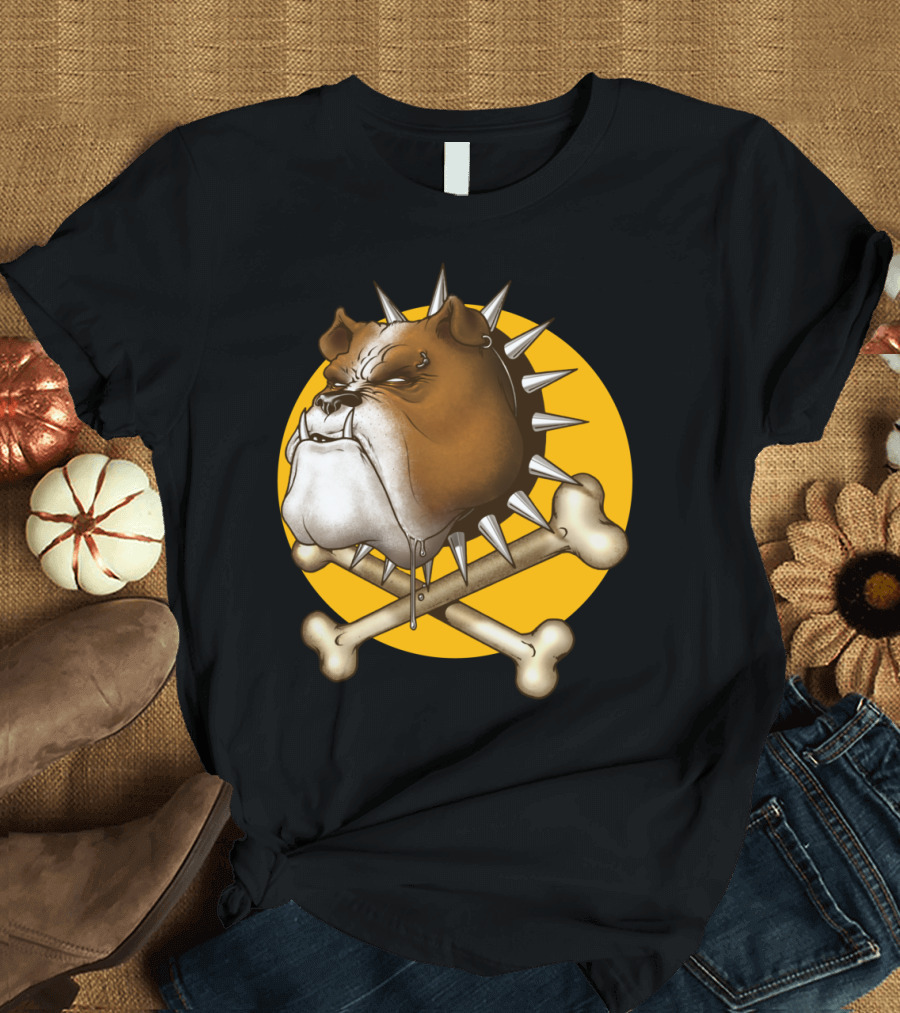 Spike-Collared Bulldog with Crossbones and Yellow Circle Background T-Shirt