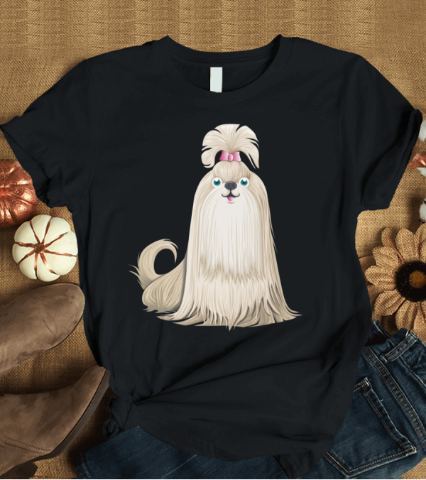 T-Shirt: Shih Tzu Dog with Pink Bow and Long Flowing Fur T-Shirt Shih Tzu Dog with Pink Bow and Long Flowing Fur T-Shirt