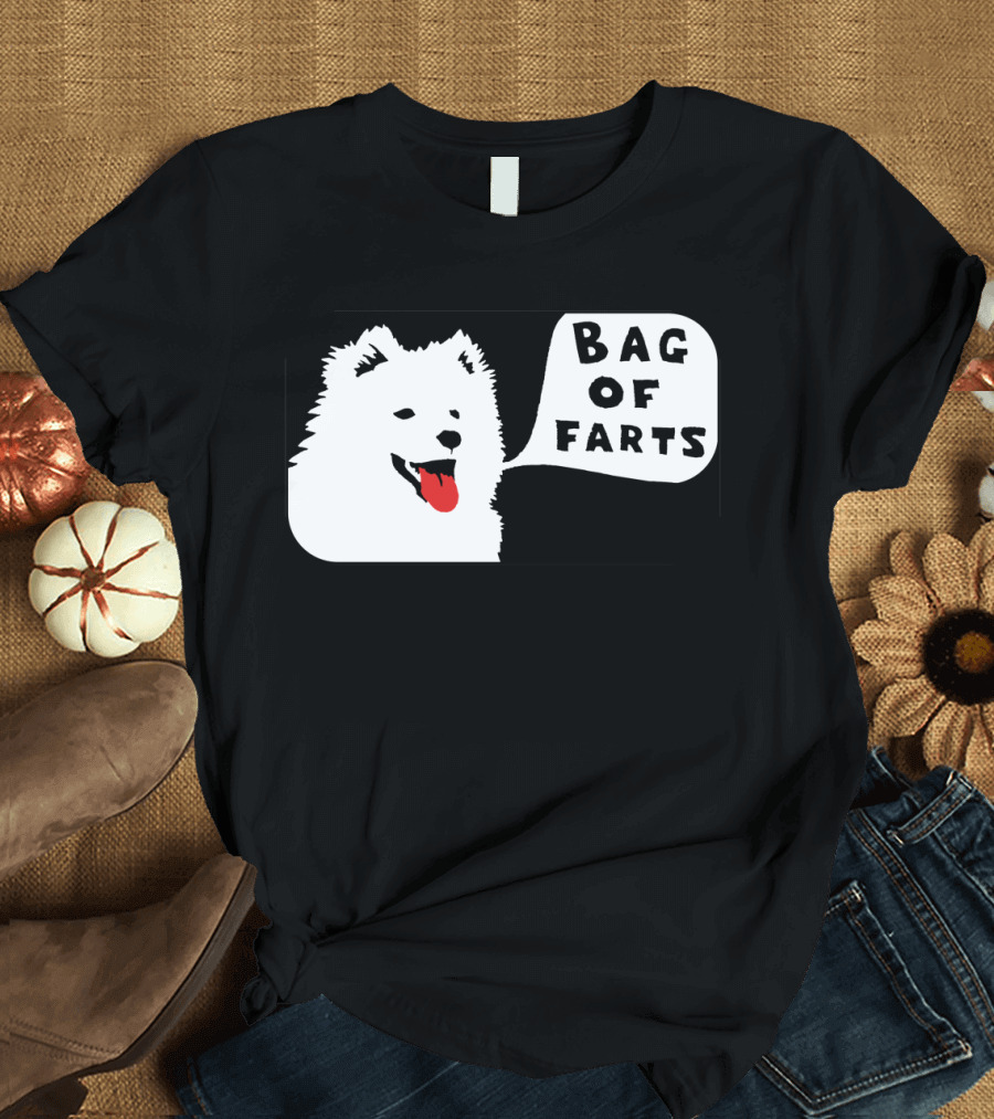 Bag of Farts White Dog Black Frame T-Shirt