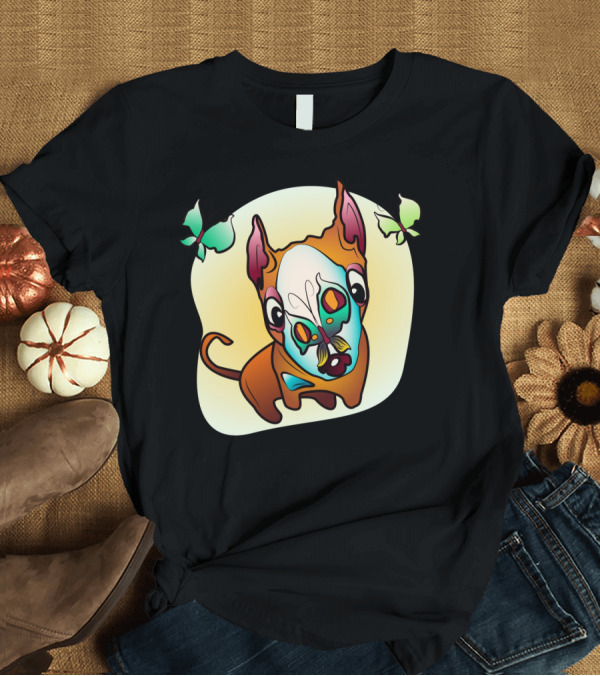 T-Shirt: Curious Bull Terrier Dog with Colorful Butterflies and Whimsical T-Shirt Curious Bull Terrier Dog with Colorful Butterflies and Whimsical T-Shirt