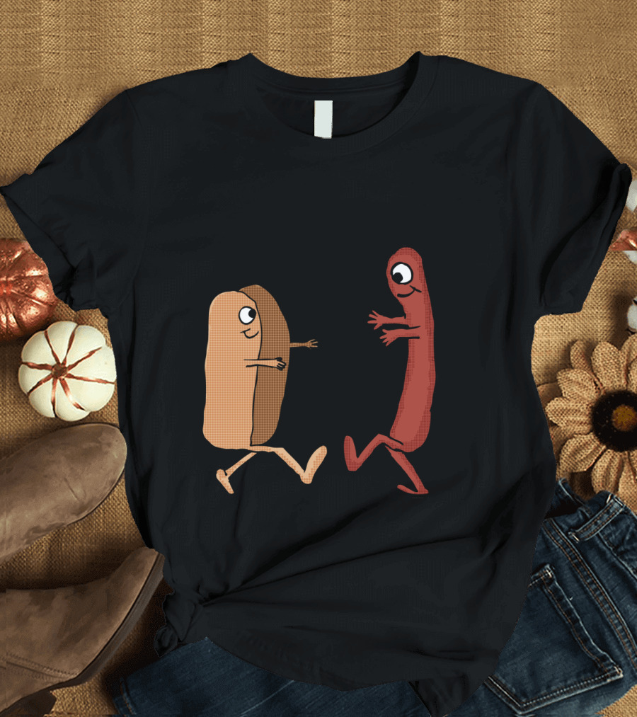 Wiener and Hot Dog Bun Couple Illustration with Cartoon Characters T-Shirt